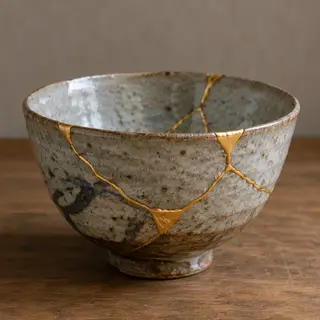A Japanese kintsugi bowl — cracked ceramic repaired with vis