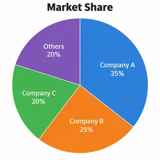 A pie chart showing market share: Company A 35%, Company B 2
