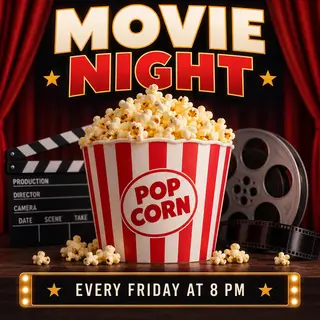 A movie night poster with a large popcorn image in the cente