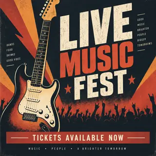 An event poster featuring a guitar illustration, the headlin