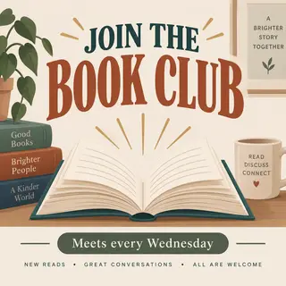 A book club poster with an open book illustration, the title