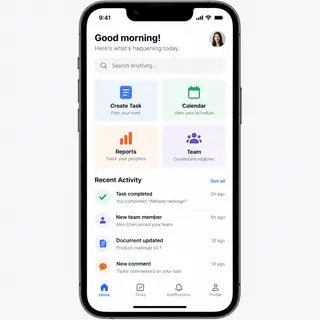 A mobile app UI mockup showing a dashboard with a top naviga