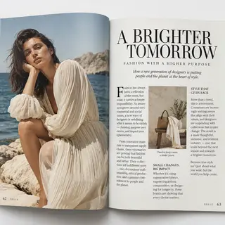 A fashion magazine spread with a full-bleed left-page photo,