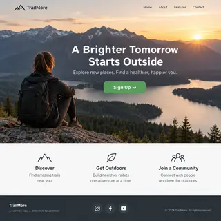 A landing page design with a hero header image at the top, a