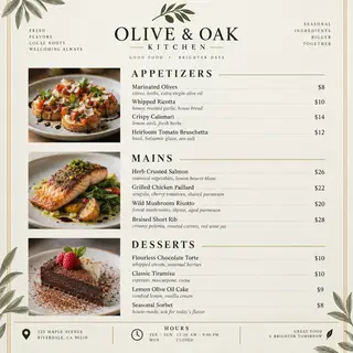 A restaurant menu layout with a logo header, three category 