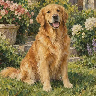 A golden retriever sitting in a garden, painted in the style