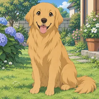 A golden retriever sitting in a garden, rendered in Japanese