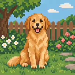 A golden retriever sitting in a garden, rendered in pixel ar