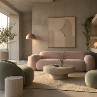 An interior scene rendered in soft brutalism — raw concrete 