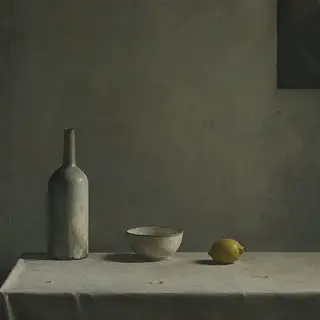 A still life painted in anxious minimalism — sparse composit