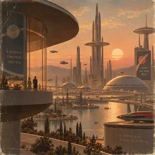 A cityscape rendered in nostalgic futurism — retro-futuristi