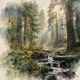 A forest rendered in photorealistic watercolor — the detail 
