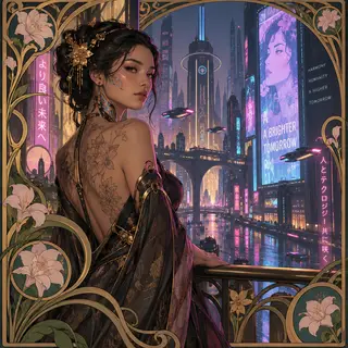 A woman in a futuristic city rendered in cyberpunk Art Nouve