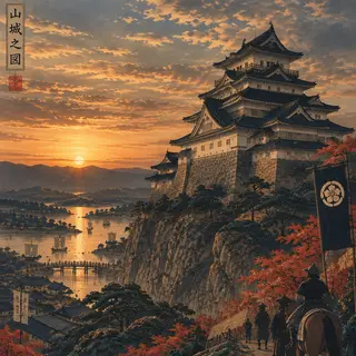 A medieval castle depicted in Japanese ukiyo-e woodblock pri