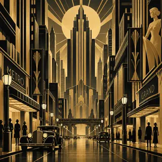 A city street scene in the style of Art Deco — geometric sha