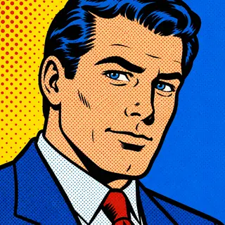A portrait of a man in Pop Art style — bold outlines, Ben-Da