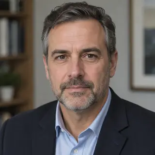 A portrait of a middle-aged man with a calm, serious express