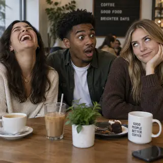 A group of three friends at a table: one laughing with head 