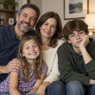 A family photo with four people: a father beaming with pride