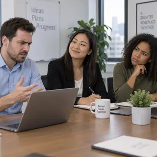 Three coworkers in a meeting: one looking frustrated with fu