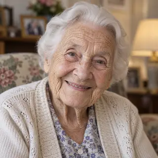 An elderly woman in her 80s with deep wrinkles and white hai
