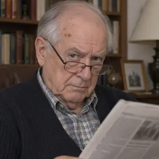 An elderly man in his 70s with age spots and thinning gray h