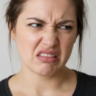 A close-up of a person's face showing clear disgust, nose wr