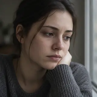 A face showing quiet melancholy — downcast eyes, slightly dr