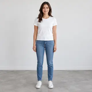 A woman standing upright in a relaxed pose, arms at her side