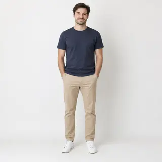 A man standing straight facing the camera, hands in pockets,