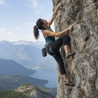 A rock climber clinging to a cliff face with arms and legs e