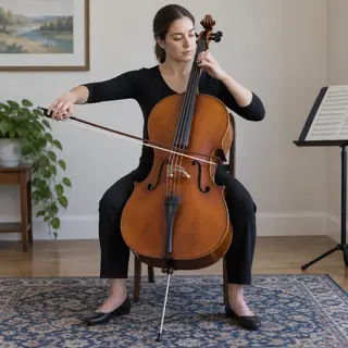 A cellist seated with correct posture, legs around the instr