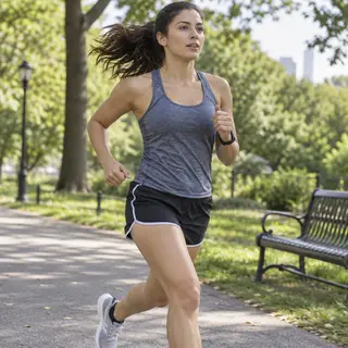 A woman mid-stride running through a park, hair and clothes 