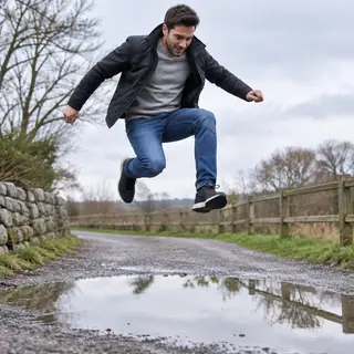 A man captured mid-jump over a puddle, body in the air with 