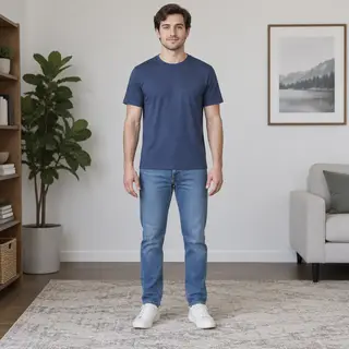 A person standing with both hands visible at their sides, fi