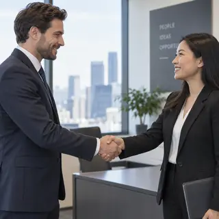Two people shaking hands in a professional setting, all fing