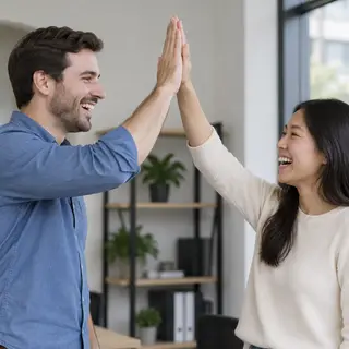 Two people doing a high-five, palms meeting with all fingers