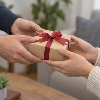 One person handing a small gift box to another person, both 