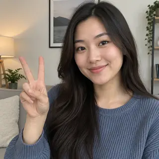 A person making a peace sign with their right hand, clearly 