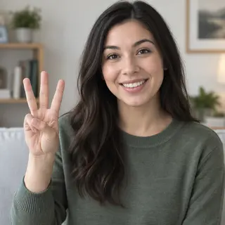 A person counting to three on their fingers, with index, mid