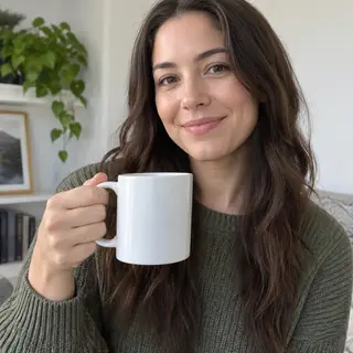 A person holding a white ceramic coffee mug by the handle wi