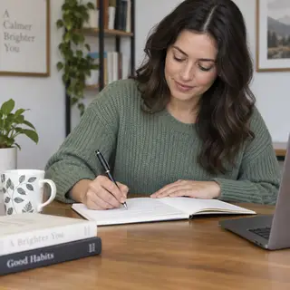A woman writing in a notebook with a pen gripped correctly i