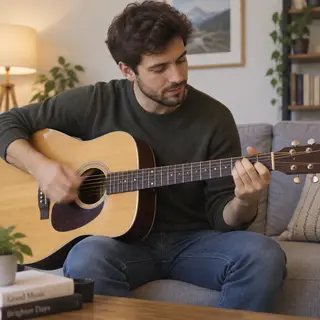 A person playing an acoustic guitar with left hand on the fr