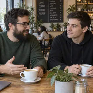 Two men at a cafe: one with a beard and glasses wearing a gr