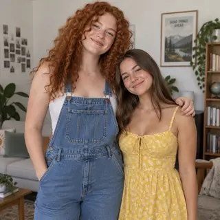 Two friends posing: one tall with curly red hair in denim ov