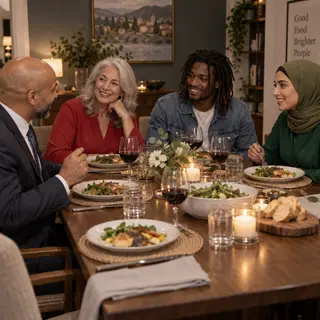 Four people at a dinner table: a bald man in a suit, a woman