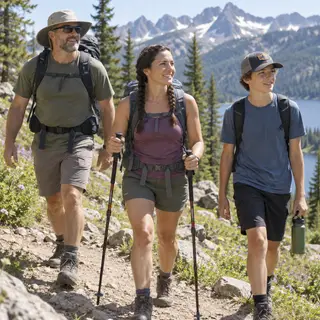 Three hikers on a trail: a man with a backpack and sunhat, a