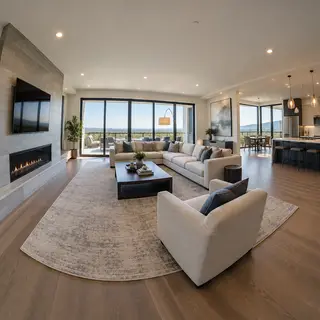 A wide-angle shot of a modern living room interior showing e