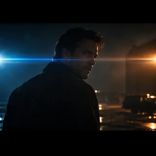 A cinematic frame with blue and orange anamorphic lens flare