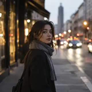 A street photograph with shallow depth of field as if shot a